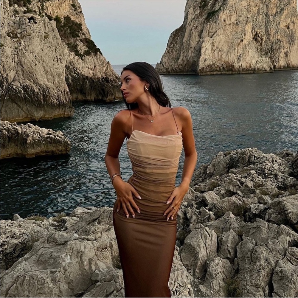 🤎 ZARA Bloggers Fav Brown Tulle Ruched Midi Tube Dress. MEDIUM. Great Condition!